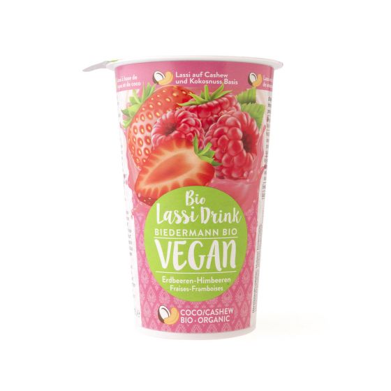Nápoj lassi s jahodovo-malinovým pyré vegan 230 ml BIO   BIEDERMANN