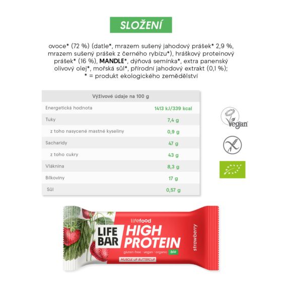 Tyčinka Lifebar proteinová s jahodami 40 g BIO   LIFEFOOD