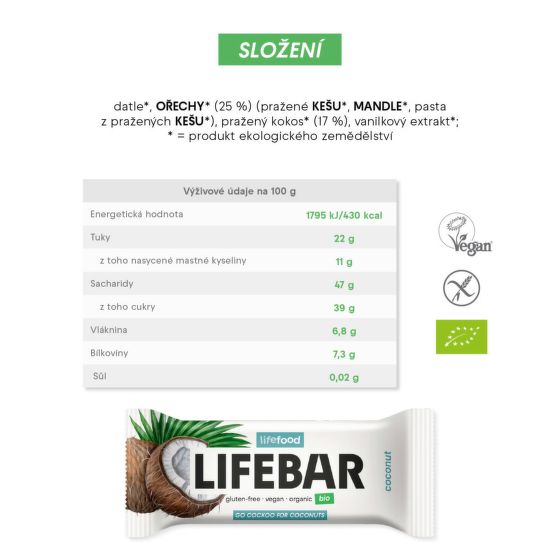 Tyčinka Lifebar kokosová RAW 40 g BIO   LIFEFOOD